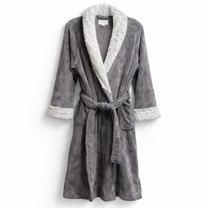 CAROLE HOCHMAN Velour Shawl Collar Robe w/Belt Sz L Gray Sleepwear Comfy Cozy